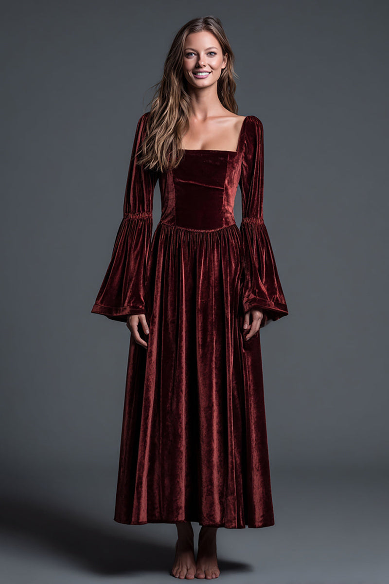 Load image into Gallery viewer, Burgundy A-Line Velvet Long Sleeves Ankle Length Holiday Party Dress