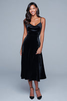 Load image into Gallery viewer, Black Velvet Spaghetti Straps A-Line Tea Length Holiday Party Dress