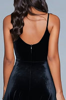 Load image into Gallery viewer, Black Velvet Spaghetti Straps A-Line Tea Length Holiday Party Dress