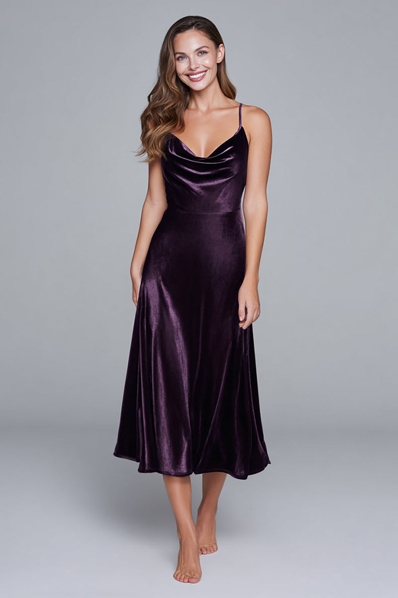 Load image into Gallery viewer, Black Velvet Spaghetti Straps A-Line Tea Length Holiday Party Dress