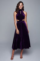 Load image into Gallery viewer, Plum Velvet Halter Cut-Out A-Line Tea Length Holiday Party Dress