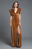 Load image into Gallery viewer, Brown Sheath V-Neck Velvet Long Holiday Party Dress with Slit