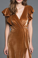 Load image into Gallery viewer, Brown Sheath V-Neck Velvet Long Holiday Party Dress with Slit
