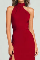 Load image into Gallery viewer, Burgundy Sheath Halter Long Formal Dress with Slit