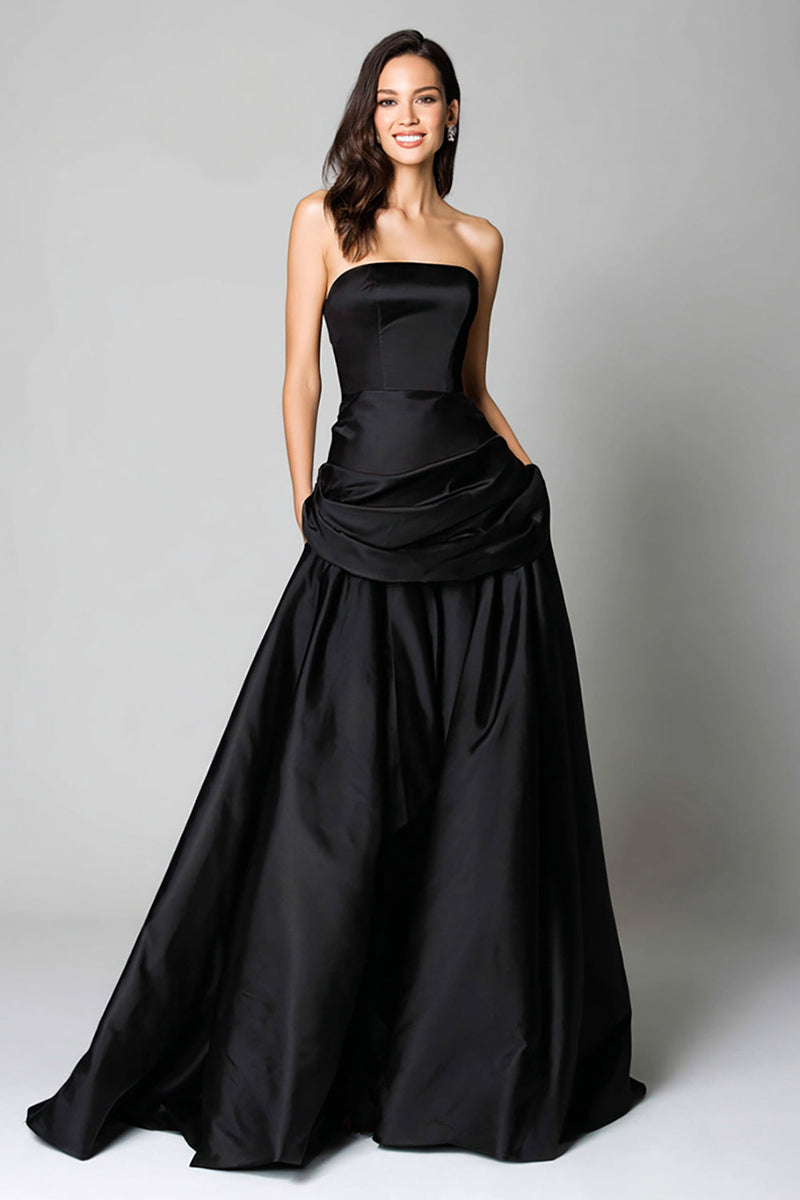 Load image into Gallery viewer, Black Satin Strapless A-Line Ruched Long Formal Dress