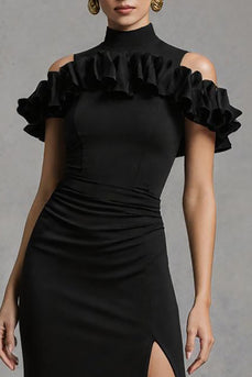 Black Mermaid High Neck Satin Long Formal Dress with Ruffles