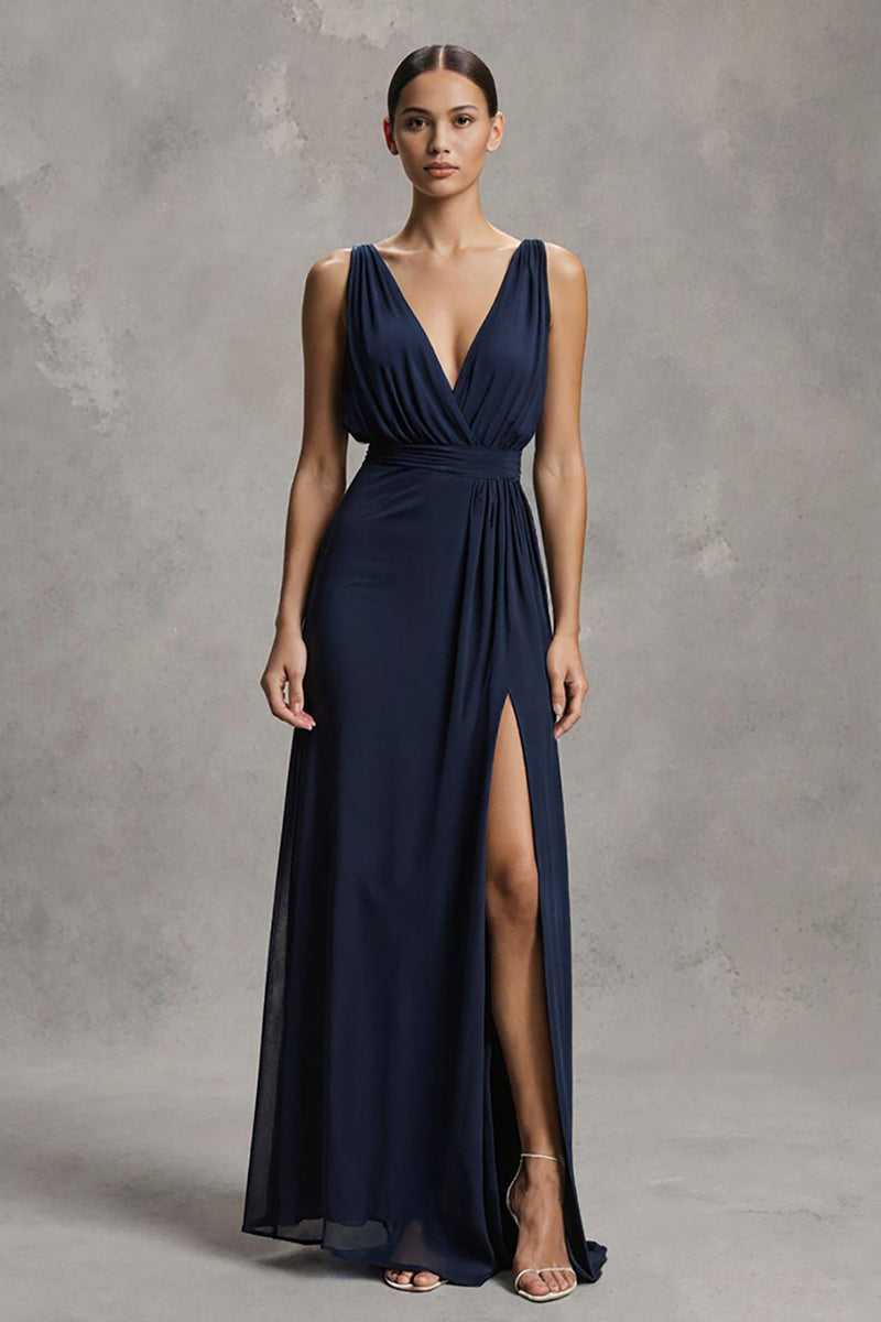 Load image into Gallery viewer, Navy Chiffon Deep V-Neck Sheath Long Formal Dress with Slit