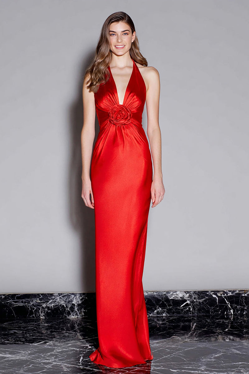 Load image into Gallery viewer, Red Mermaid Halter Satin Long Formal Dress with 3D Flower