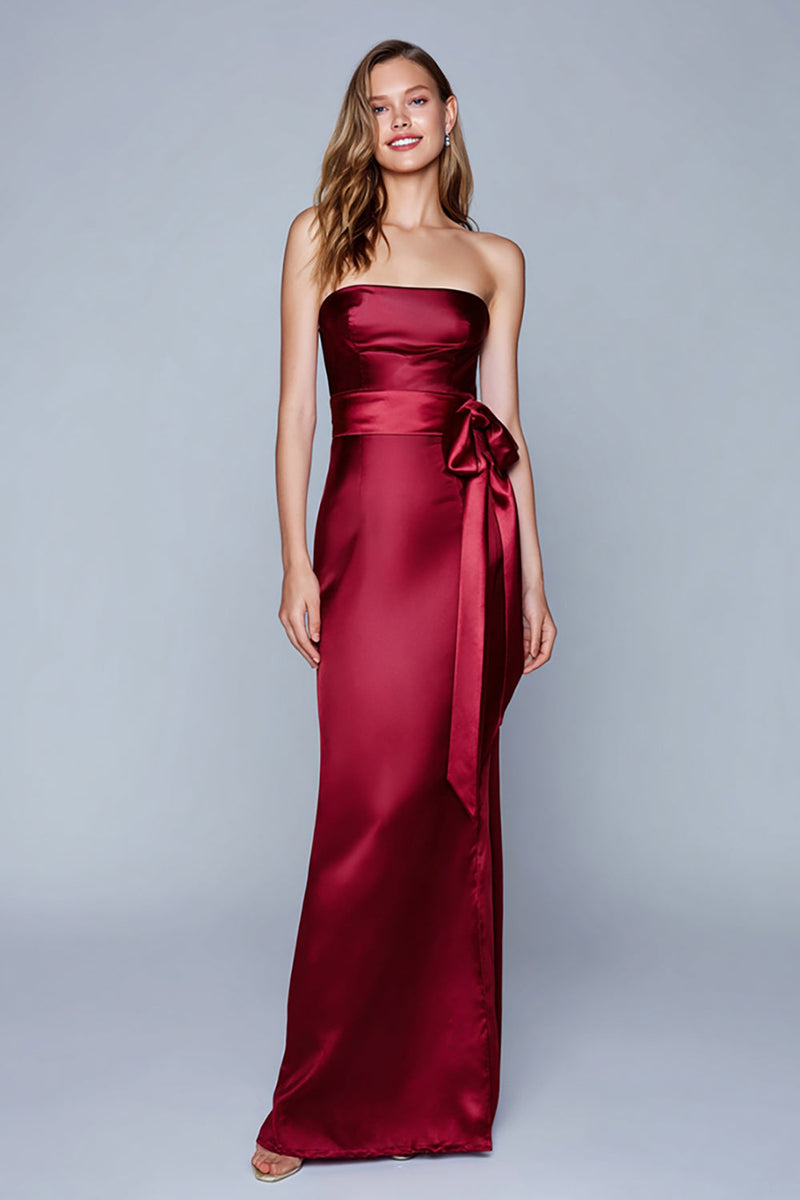 Load image into Gallery viewer, Burgundy Mermaid Strapless Satin Long Formal Dress with Bow