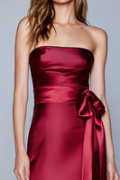 Load image into Gallery viewer, Burgundy Mermaid Strapless Satin Long Formal Dress with Bow