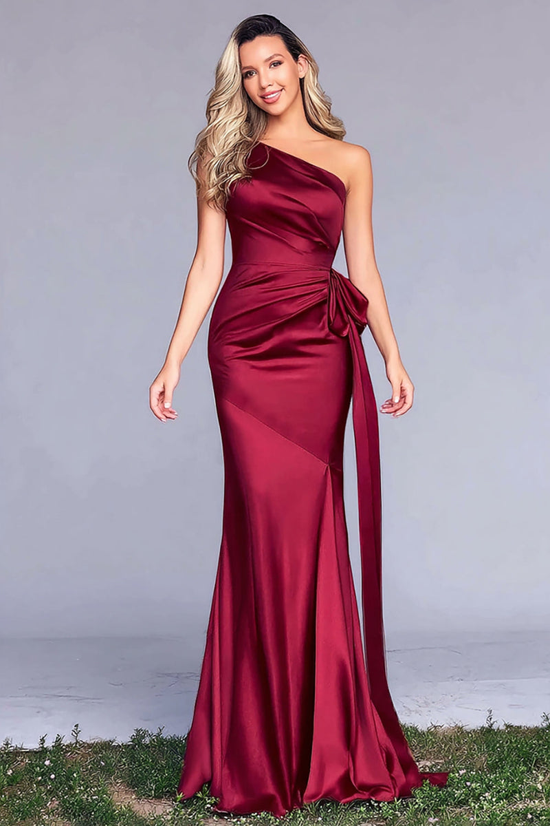Load image into Gallery viewer, Burgundy Mermaid One Shoulder Satin Long Formal Dress with Bow