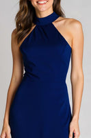 Load image into Gallery viewer, Navy Mermaid Halter Satin Backless Long Formal Dress with Slit