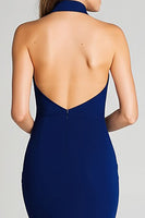 Load image into Gallery viewer, Navy Mermaid Halter Satin Backless Long Formal Dress with Slit