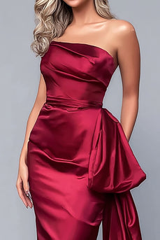 Burgundy Satin Strapless Mermaid Long Formal Dress with Side Cape
