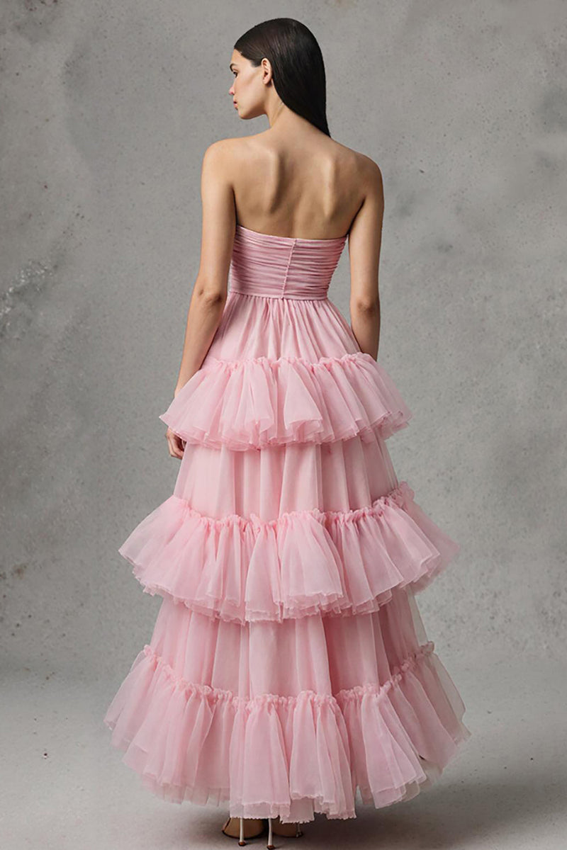 Load image into Gallery viewer, Pink Tulle Strapless A-Line Ruffled Long Birthday Party Dress
