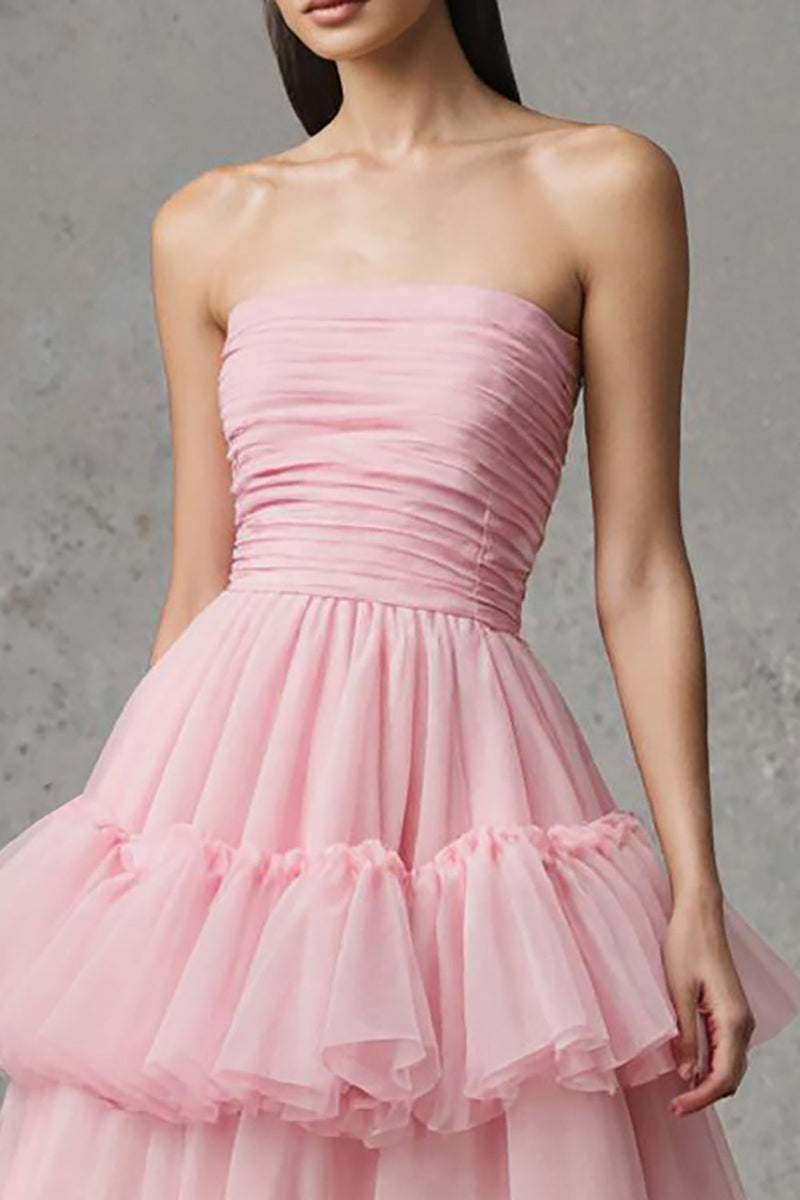 Load image into Gallery viewer, Pink Tulle Strapless A-Line Ruffled Long Birthday Party Dress