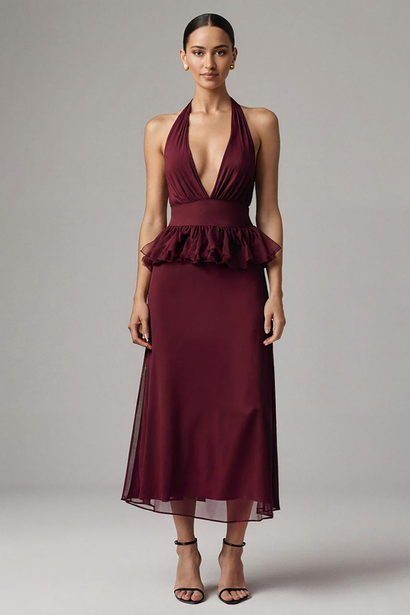 Load image into Gallery viewer, Burgundy Chiffon Halter Sheath Tea Length Formal Dress with Ruffles