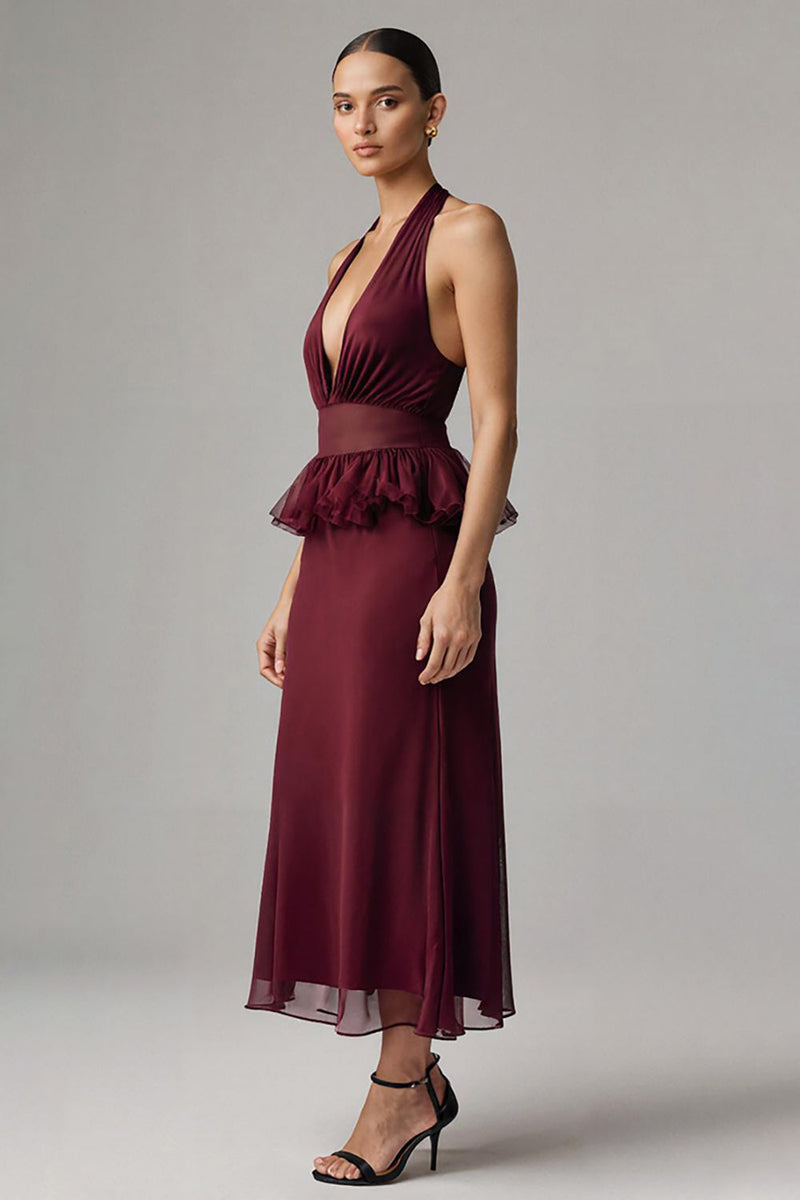 Load image into Gallery viewer, Burgundy Chiffon Halter Sheath Tea Length Formal Dress with Ruffles