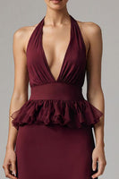Load image into Gallery viewer, Burgundy Chiffon Halter Sheath Tea Length Formal Dress with Ruffles