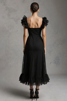 Black Tulle Square Neck A-Line Long Formal Dress with Ruffles