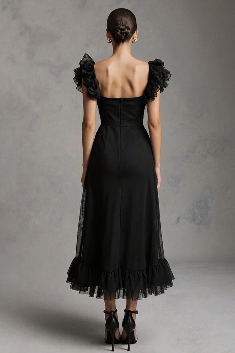 Load image into Gallery viewer, Black Tulle Square Neck A-Line Long Formal Dress with Ruffles