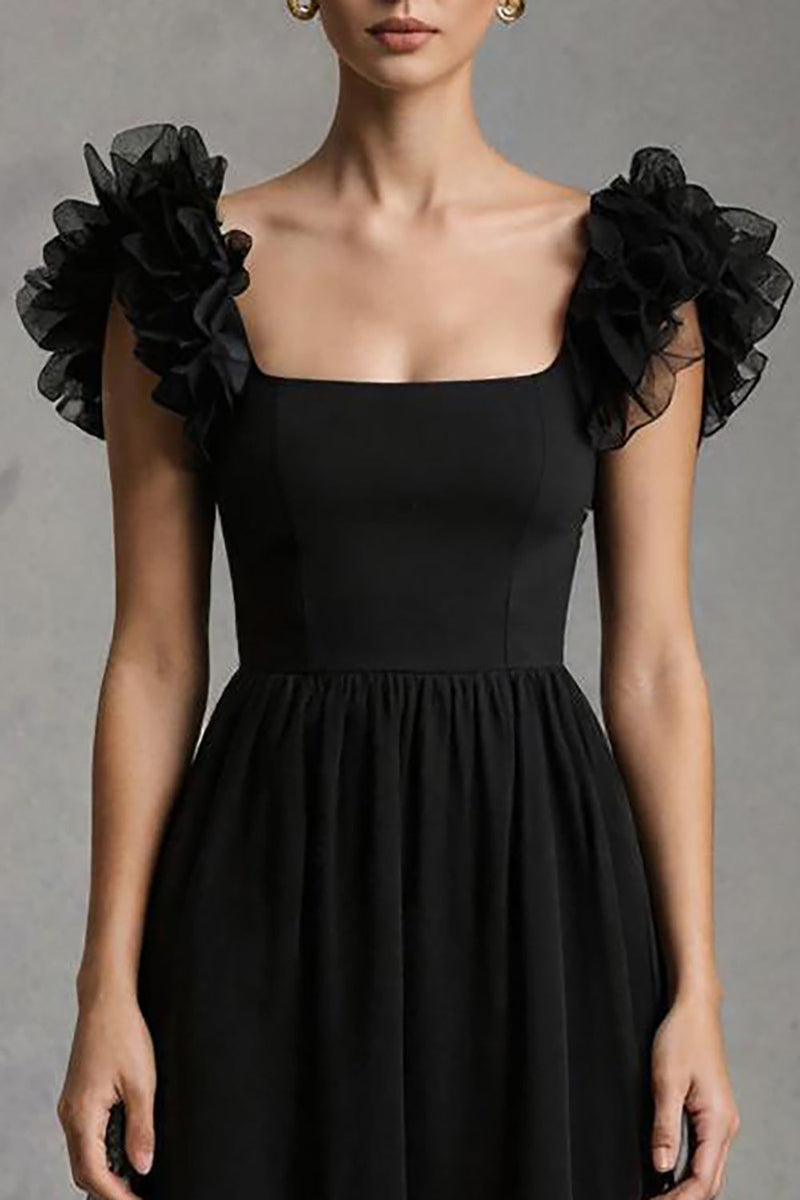 Load image into Gallery viewer, Black Tulle Square Neck A-Line Long Formal Dress with Ruffles