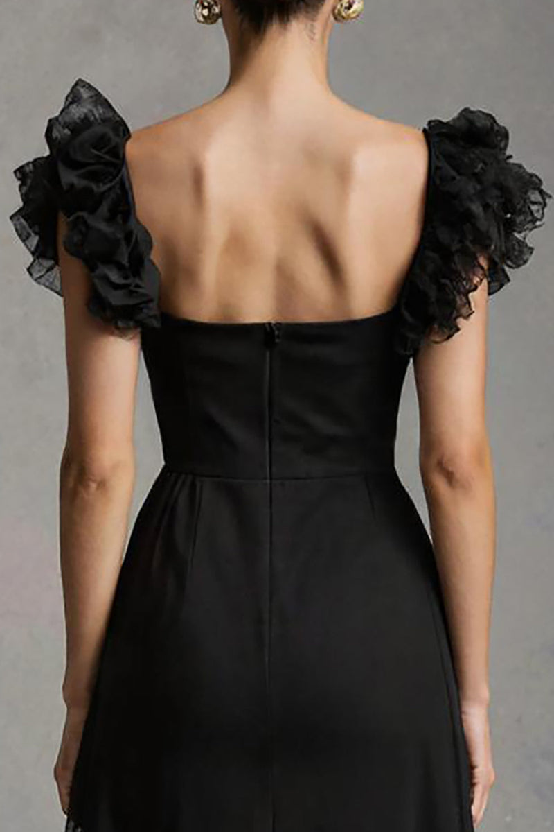 Load image into Gallery viewer, Black Tulle Square Neck A-Line Long Formal Dress with Ruffles