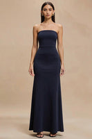 Load image into Gallery viewer, Simple Navy Satin Strapless Mermaid Long Formal Dress