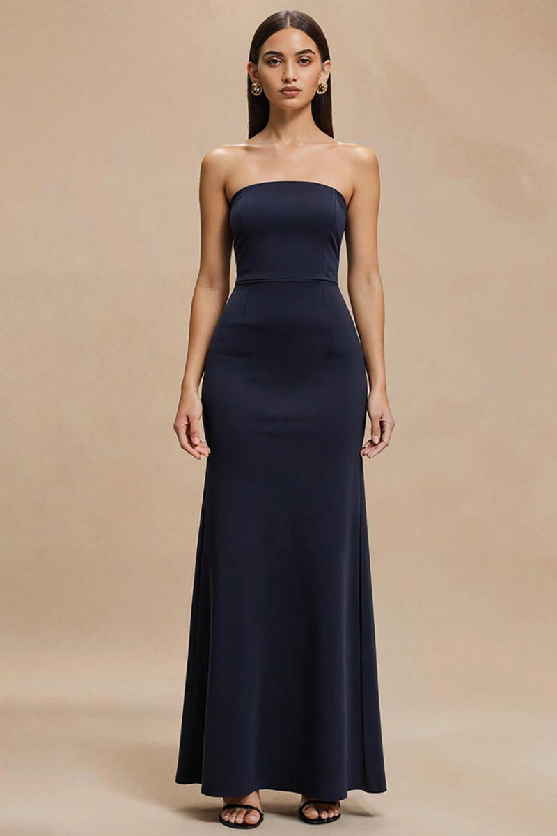 Load image into Gallery viewer, Simple Navy Satin Strapless Mermaid Long Formal Dress