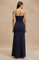 Load image into Gallery viewer, Simple Navy Satin Strapless Mermaid Long Formal Dress