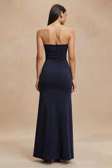 Simple Navy Satin Strapless Mermaid Long Formal Dress
