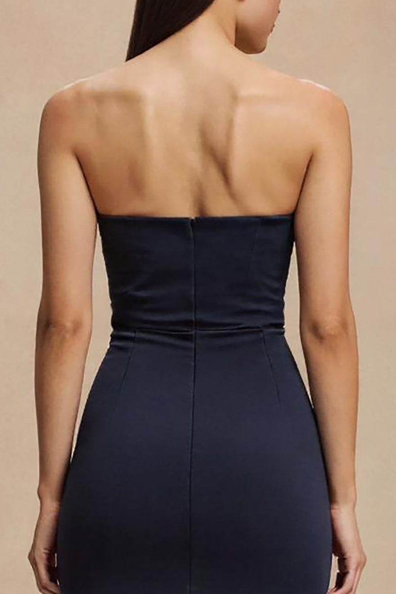 Load image into Gallery viewer, Simple Navy Satin Strapless Mermaid Long Formal Dress