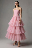 Load image into Gallery viewer, Pink Strapless Tulle A-Line Ruffled Ankle Length Birthday Party Dress