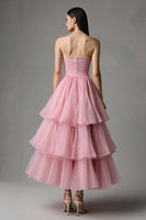 Load image into Gallery viewer, Pink Strapless Tulle A-Line Ruffled Ankle Length Birthday Party Dress