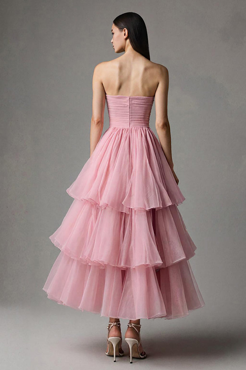Load image into Gallery viewer, Pink Strapless Tulle A-Line Ruffled Ankle Length Birthday Party Dress