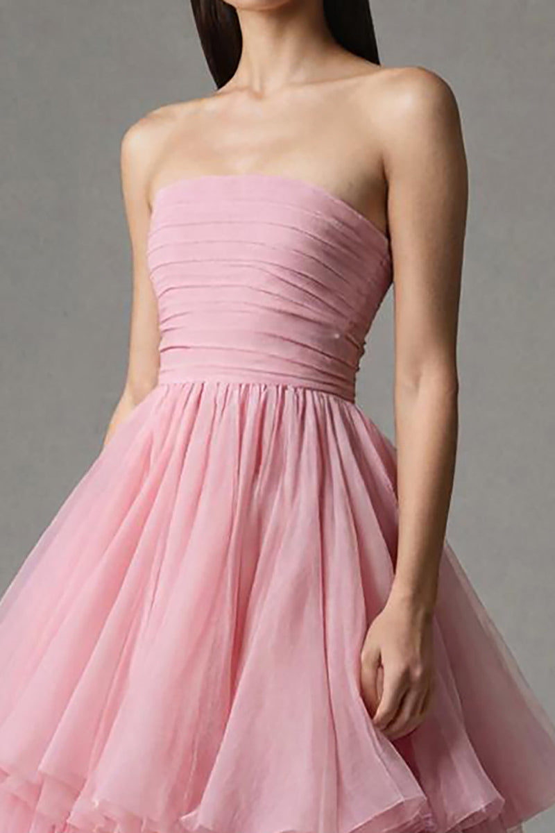 Load image into Gallery viewer, Pink Strapless Tulle A-Line Ruffled Ankle Length Birthday Party Dress