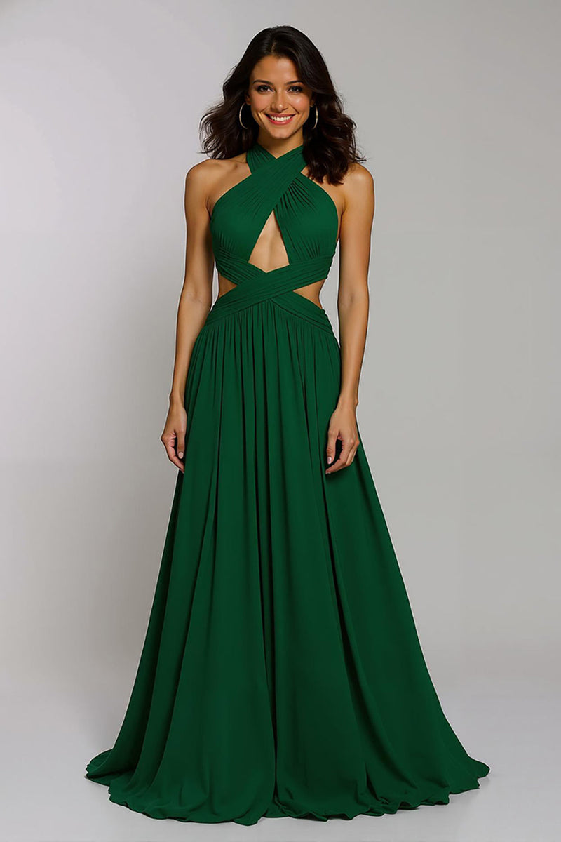 Load image into Gallery viewer, Dark Green Chiffon Halter Cut-Out A-Line Long Holiday Party Dress