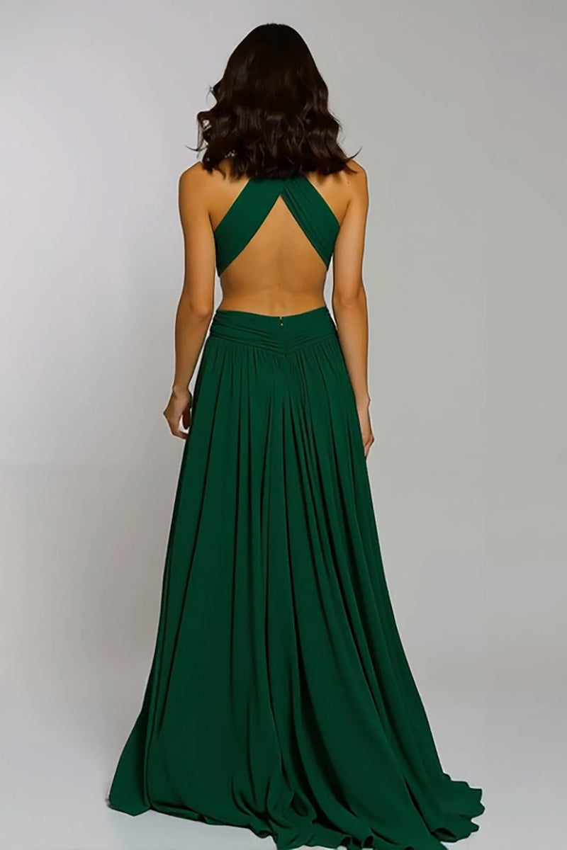 Load image into Gallery viewer, Dark Green Chiffon Halter Cut-Out A-Line Long Holiday Party Dress