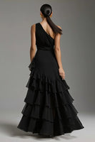 Load image into Gallery viewer, Black Chiffon One Shoulder A-Line Ruffled Long Formal Dress with Slit