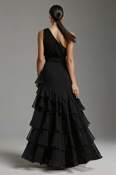 Black Chiffon One Shoulder A-Line Ruffled Long Formal Dress with Slit