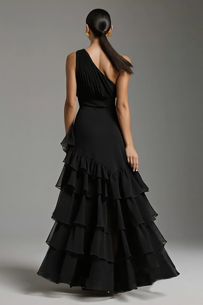 Load image into Gallery viewer, Black Chiffon One Shoulder A-Line Ruffled Long Formal Dress with Slit