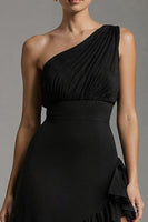 Load image into Gallery viewer, Black Chiffon One Shoulder A-Line Ruffled Long Formal Dress with Slit