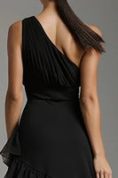 Load image into Gallery viewer, Black Chiffon One Shoulder A-Line Ruffled Long Formal Dress with Slit