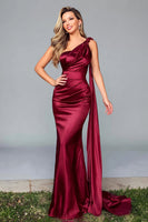 Load image into Gallery viewer, Burgundy Satin One Shoulder Mermaid Formal Dress with Side Cape