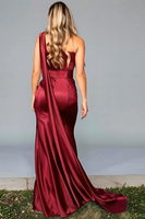 Load image into Gallery viewer, Burgundy Satin One Shoulder Mermaid Formal Dress with Side Cape