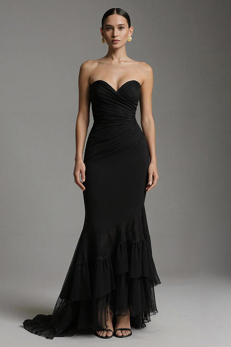 Load image into Gallery viewer, Women Black Mermaid Ruffled Long Formal Dress Sweetheart Ruched Black Tie Dress
