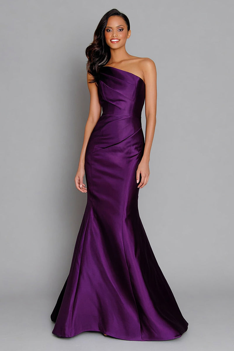 Load image into Gallery viewer, Women Purple Satin Mermaid Formal Dress Ruched One Shoulder Evening Dress