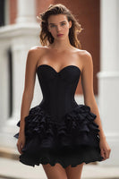 Load image into Gallery viewer, Black Satin Sweetheart A-Line Ruffled Corset Short Cocktail Dress