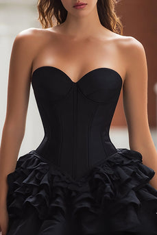 Black Satin Sweetheart A-Line Ruffled Corset Short Cocktail Dress