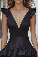 Load image into Gallery viewer, Black Satin Deep V-Neck A-Line Ruffled Short Cocktail Dress